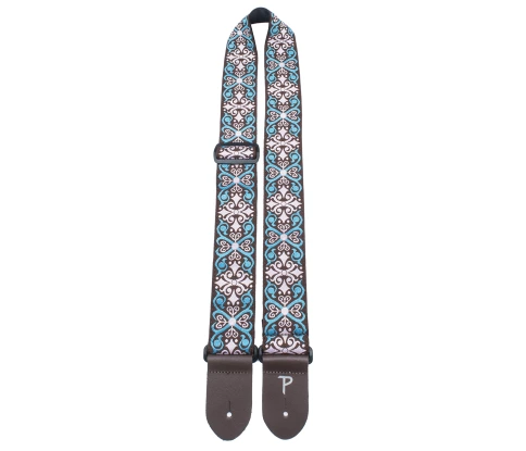 Perri's TWS-7067 - Ремень для гитары, Серия JACQUARD, Материал: жаккард, с кожаными концами, Рисунок: геометрические цветы, Цвет: синий/коричневый, Ши фото 1