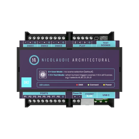 NICOLAUDIE ARCHITECTURAL DINA-DR2 LITE - DMX-интерфейс, 3х DMX512, 5 зон, 99 сцен, USB-C, RDM, SD-с фото 1