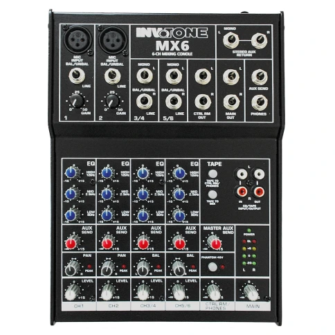 INVOTONE MX6 - микшерный пульт,2 микрофонных входа, XLR и балансный Jack,2 стерео входа. фото 2