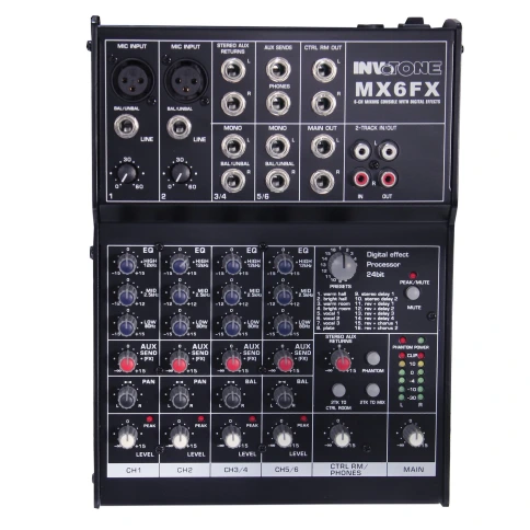 INVOTONE MX6FX - микшерный пульт 2 микрофонных входа XLR и балансный Jack, 2 стерео входа фото 3